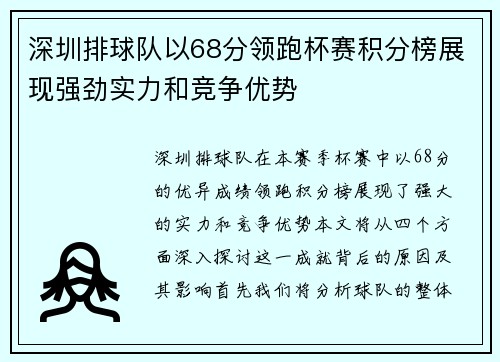 深圳排球队以68分领跑杯赛积分榜展现强劲实力和竞争优势
