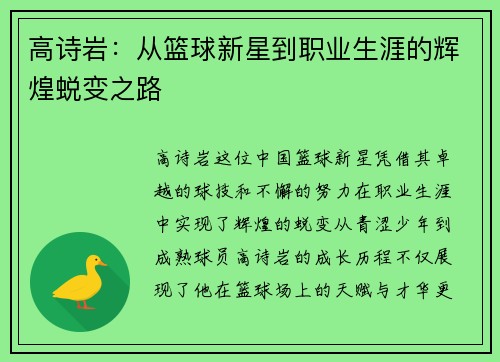 高诗岩：从篮球新星到职业生涯的辉煌蜕变之路